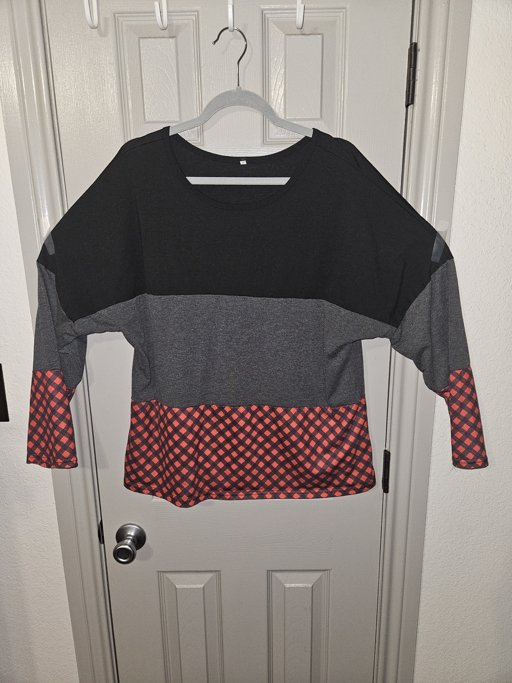 Colorblock Tunic Top with Red Plaid Hem and Cuffs
